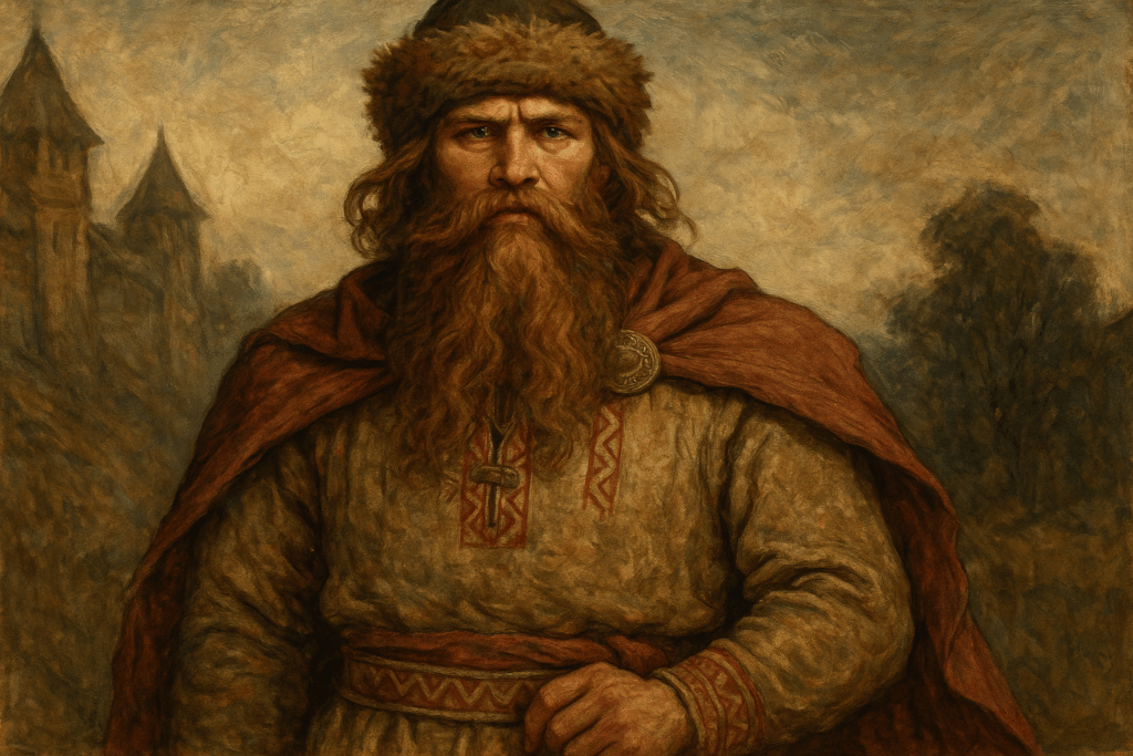 a bearded man in medieval Russian clothes