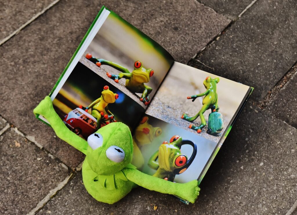 Kermit the frog sits on the paved road and reads a book about Kermit the frog