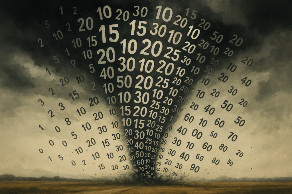 Dark stormy sky with a tornado made of numbers