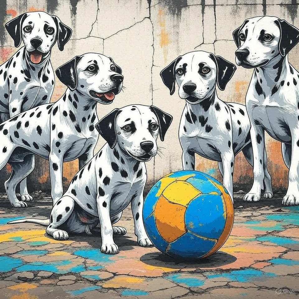 graffiti of dalmatians playing with a ball