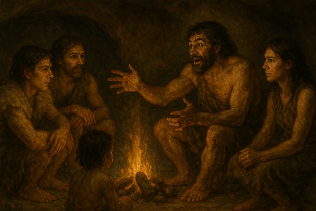 Primitive people in a cave around a fireplace are listening to a story