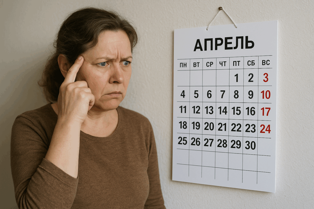 A woman looks at a Russian wall calendar.