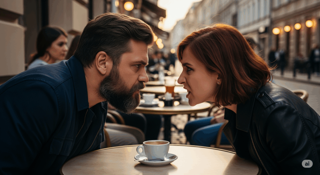 people in a cafe arguing over coffee