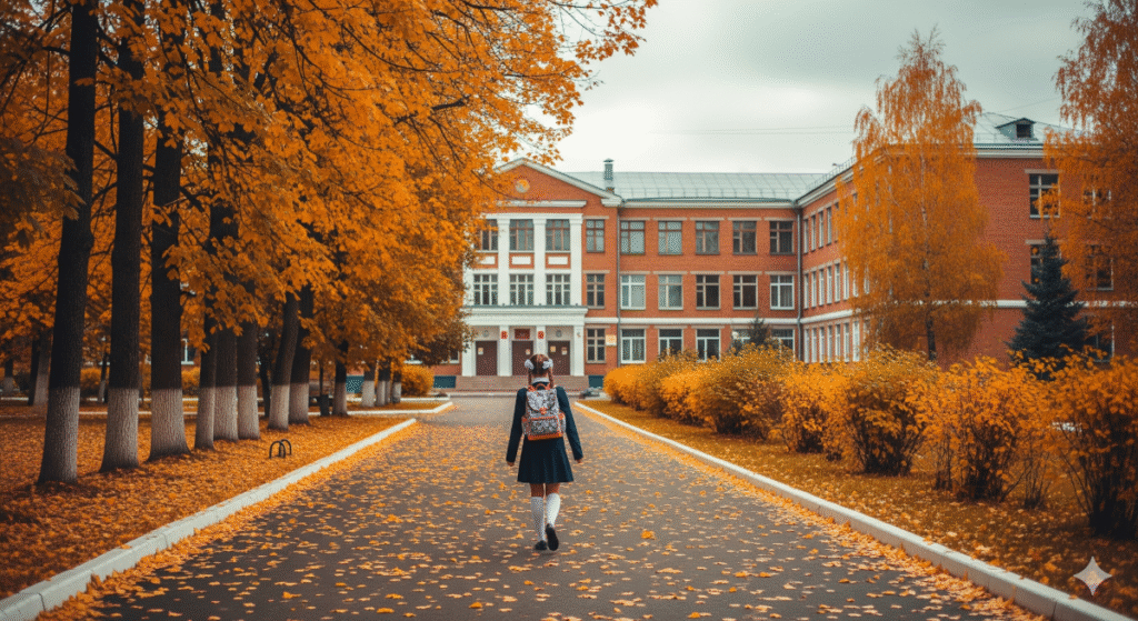 a girl walking to school; early fall.
