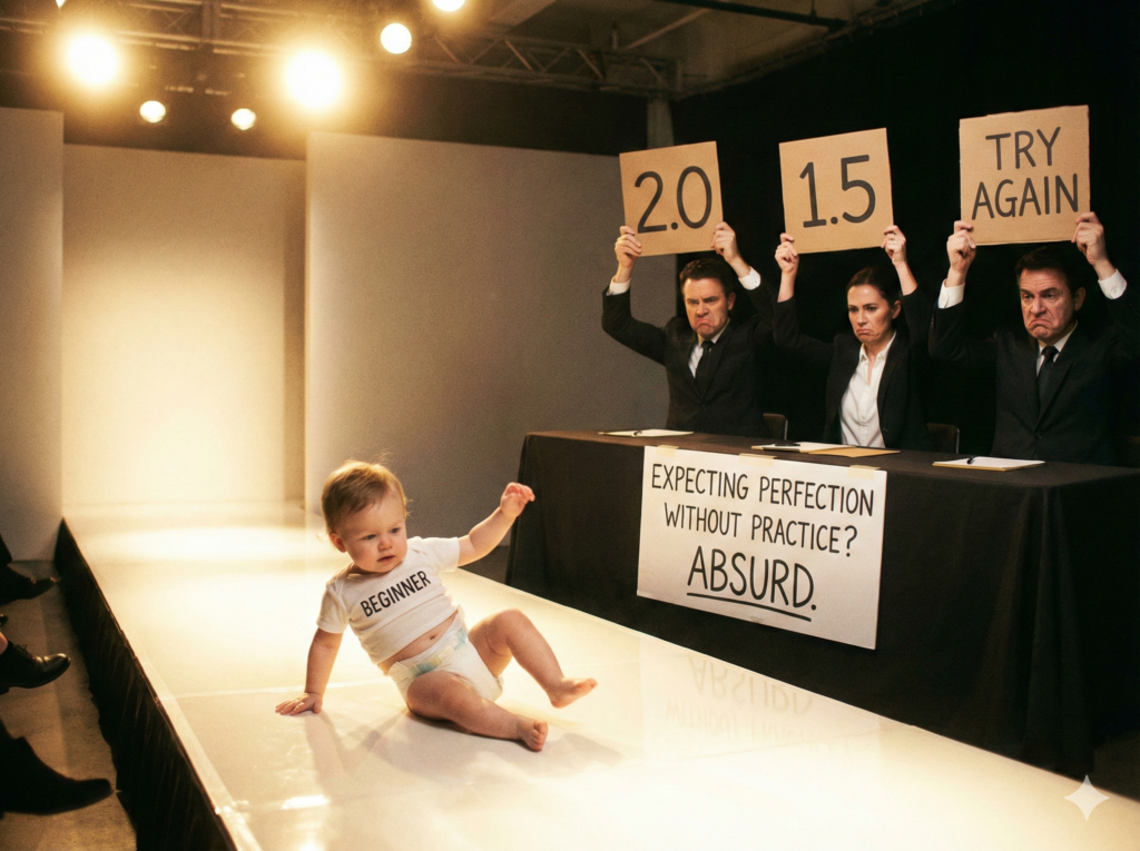 baby taking steps on a fashion runway