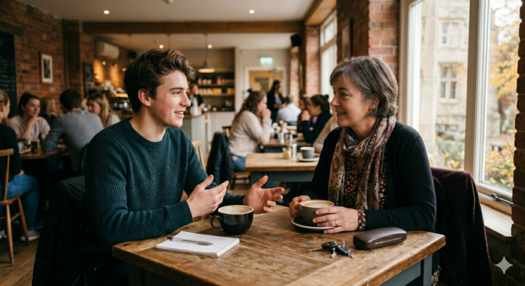a teacher and a student talking at the table