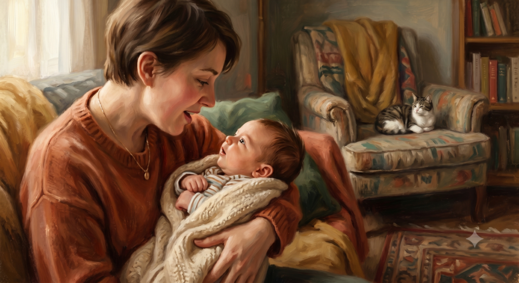 a mother holds a baby and talks. A can is sleeping on a chair.